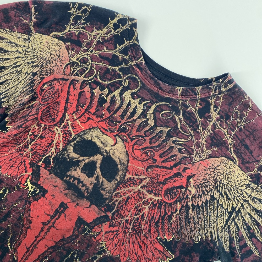 Throwdown T Shirt Mens Large Black Red Skull Wings MMA Gothic Biker Paper Thin